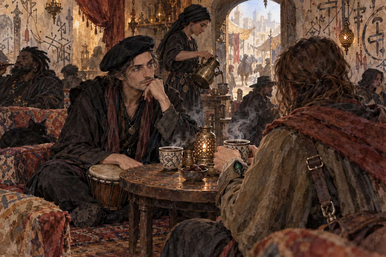 A beret-wearing poet watches a traveler across coffee in the Beat Cafe.