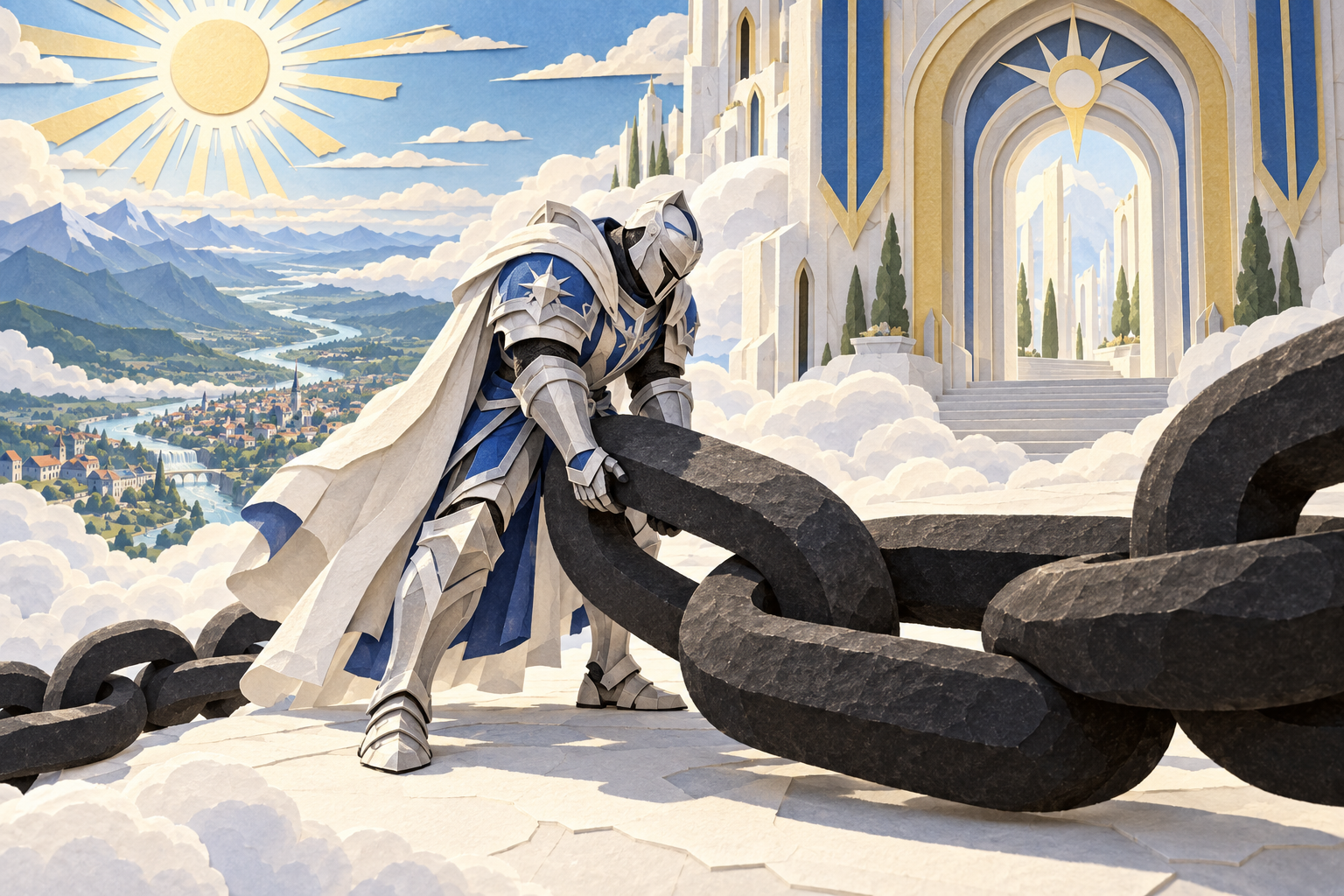 A knight lifts a slack black chain above the clouds over Midgaard.