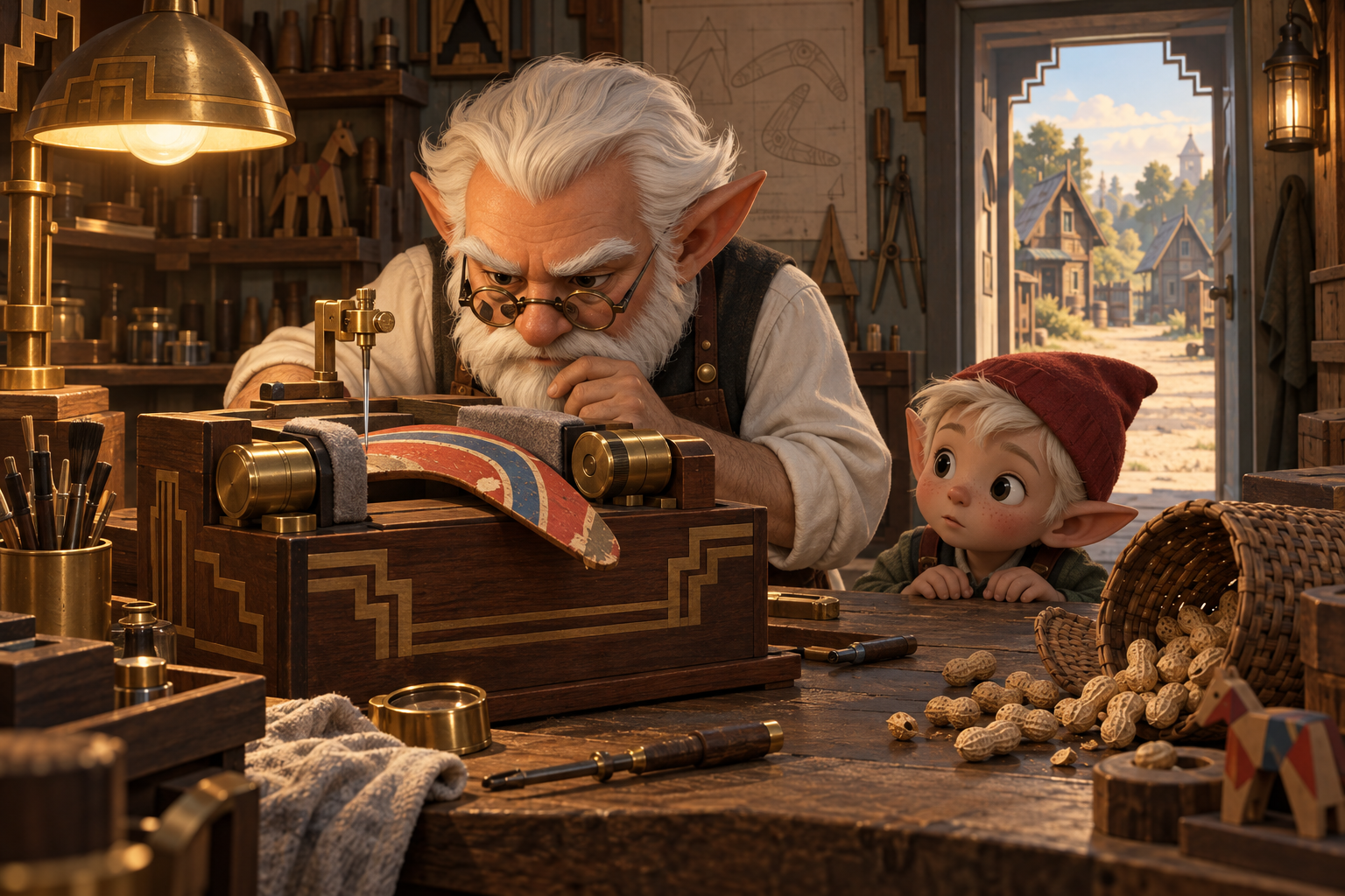 A gnome scientist and child examine a toy beside a brass-roller repair cabinet.