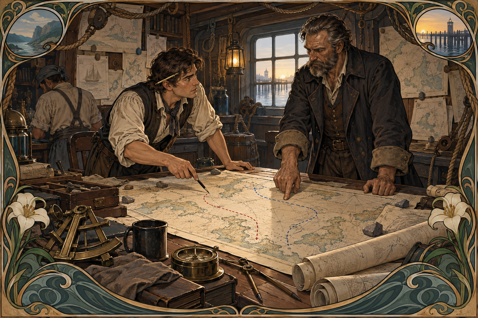 A navigator and captain study competing routes across a shipboard chart.