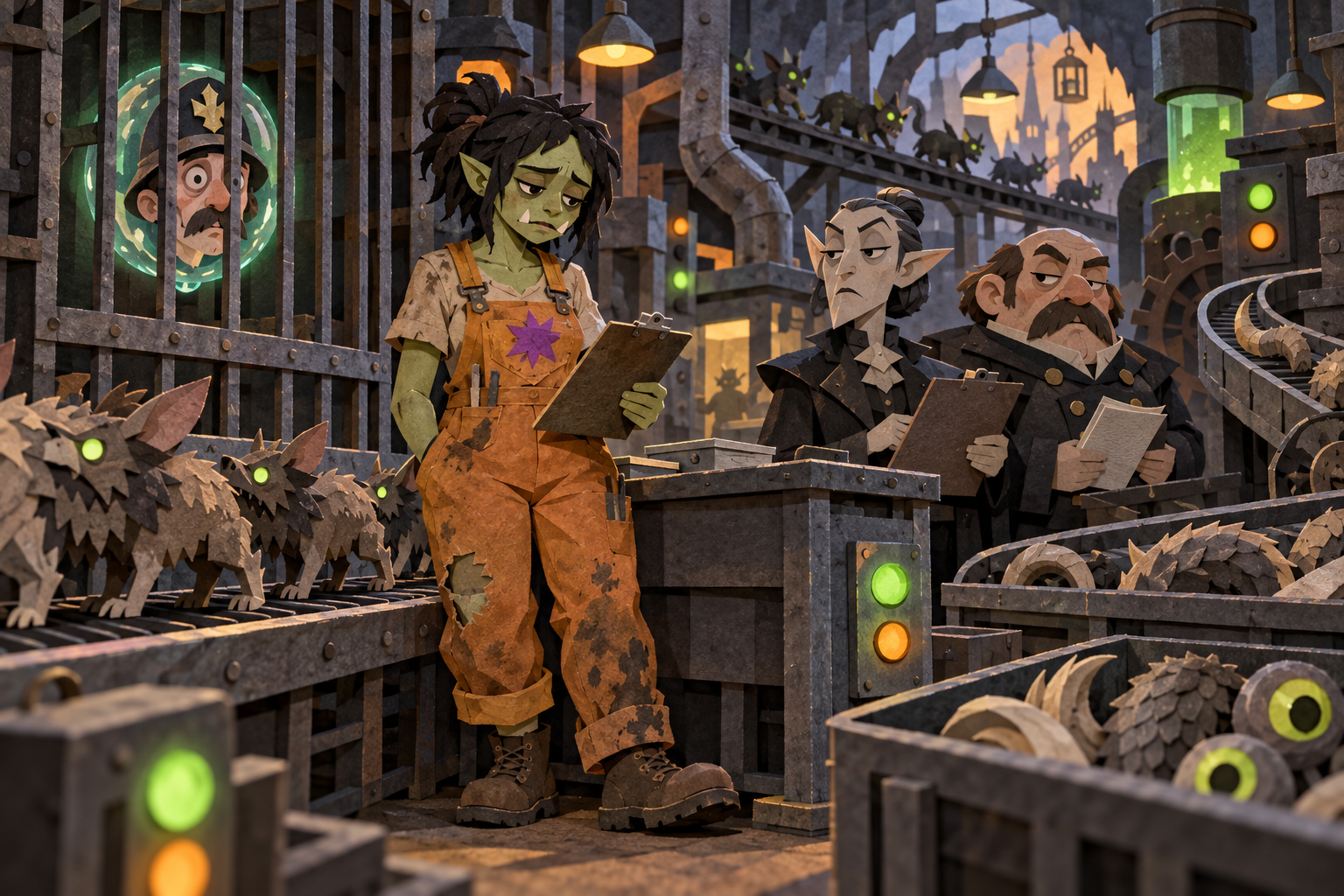 An orc factory worker inspects a floating head while officials study their paperwork.