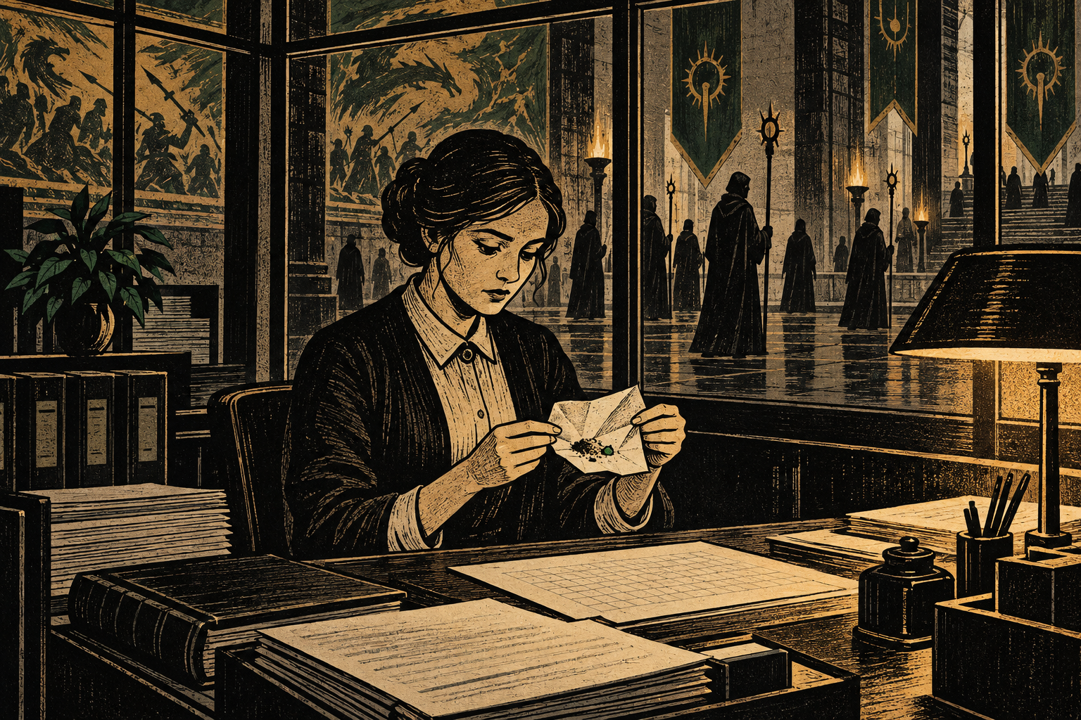 Gale examines a wrapper at her orderly desk in the Dragon Cult office.