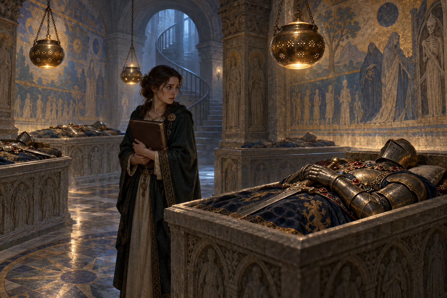 A historian studies quiet tombs beneath softly glowing suspended pots.