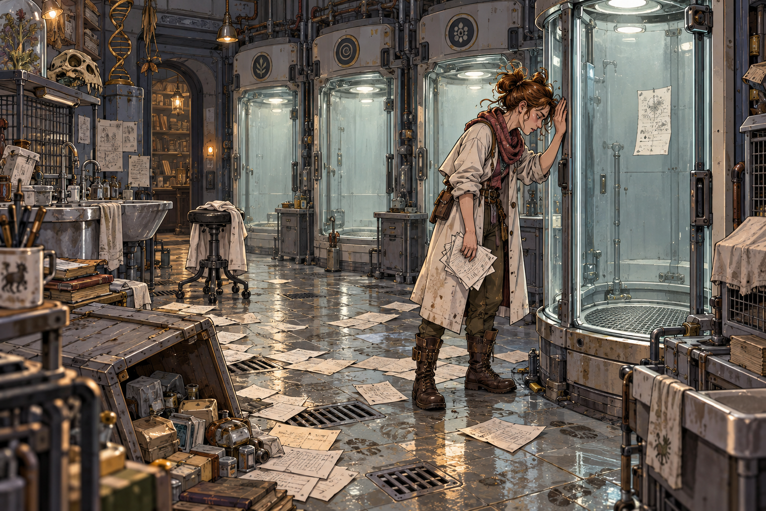 A tired doctoral candidate faces a mysterious page inside an empty laboratory chamber.