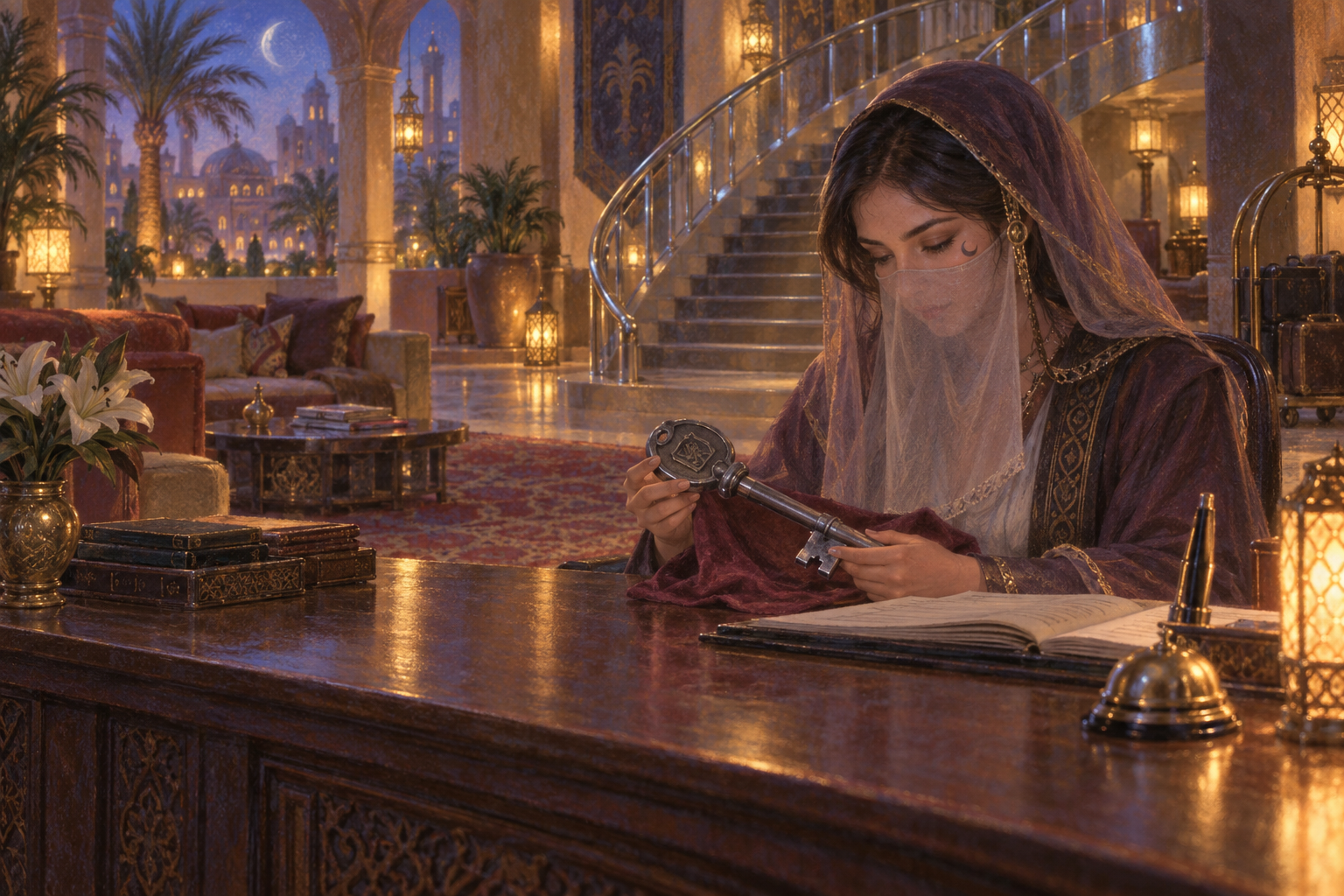 A veiled receptionist examines a large palace key at the inn desk.