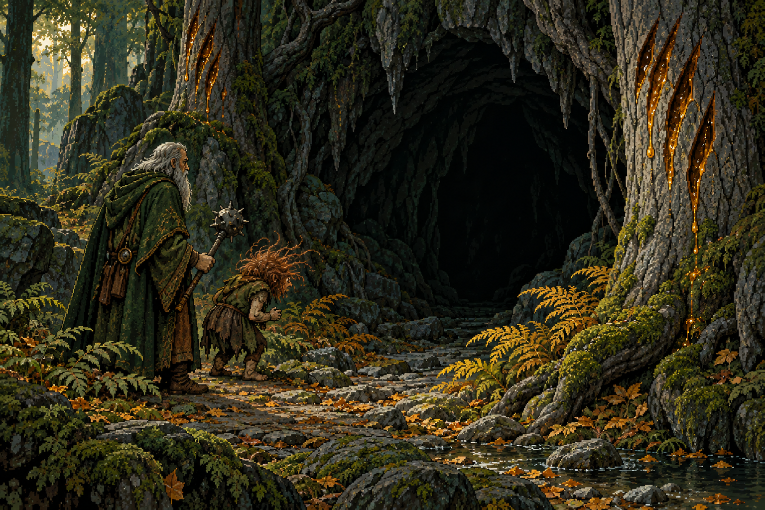 A druid and a forest brownie pause outside a dark cave among yellowing ferns.
