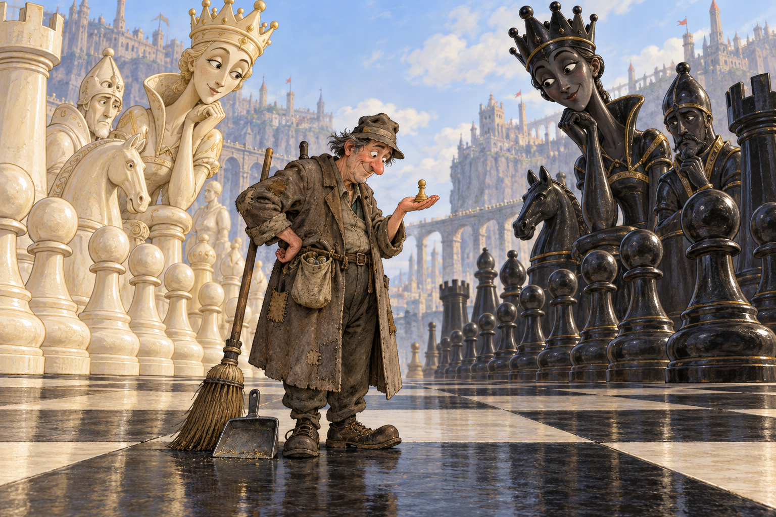 A janitor examines a tiny wooden pawn as towering chess pieces look on.
