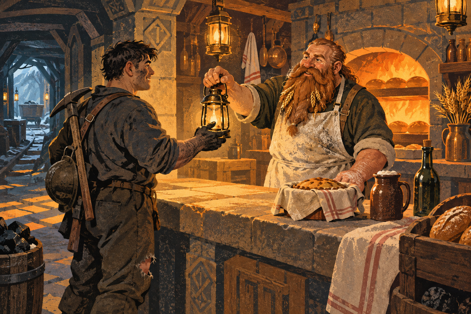 A dwarven baker hands a brass lantern to a soot-covered miner.